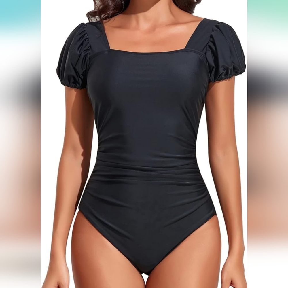 SMISMIVO Puff Sleeve Full Coverage Tummy Control Swimsuit